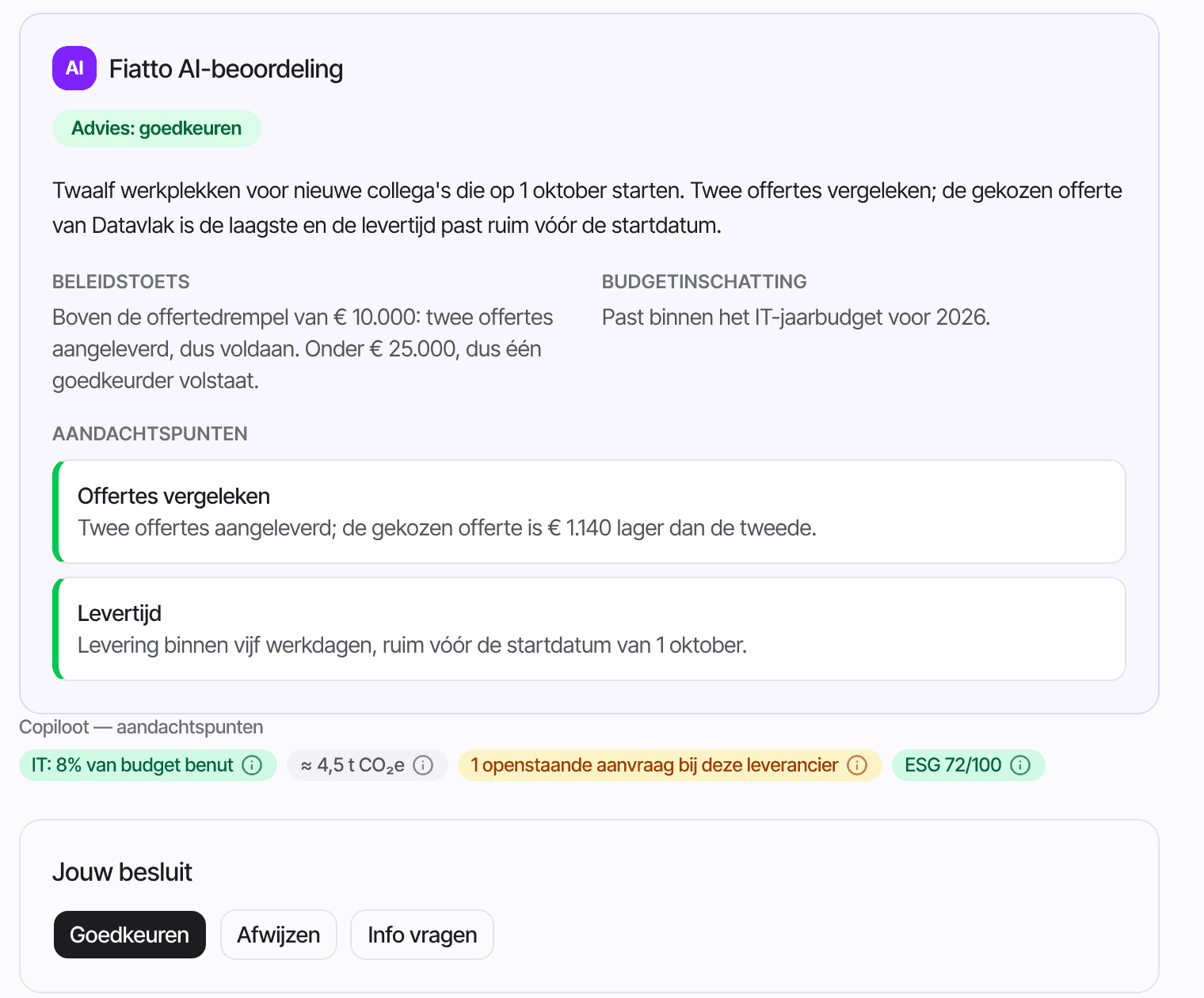 Een aanvraag die wacht op goedkeuring, met de beoordeling, het advies en de knoppen om te beslissen.