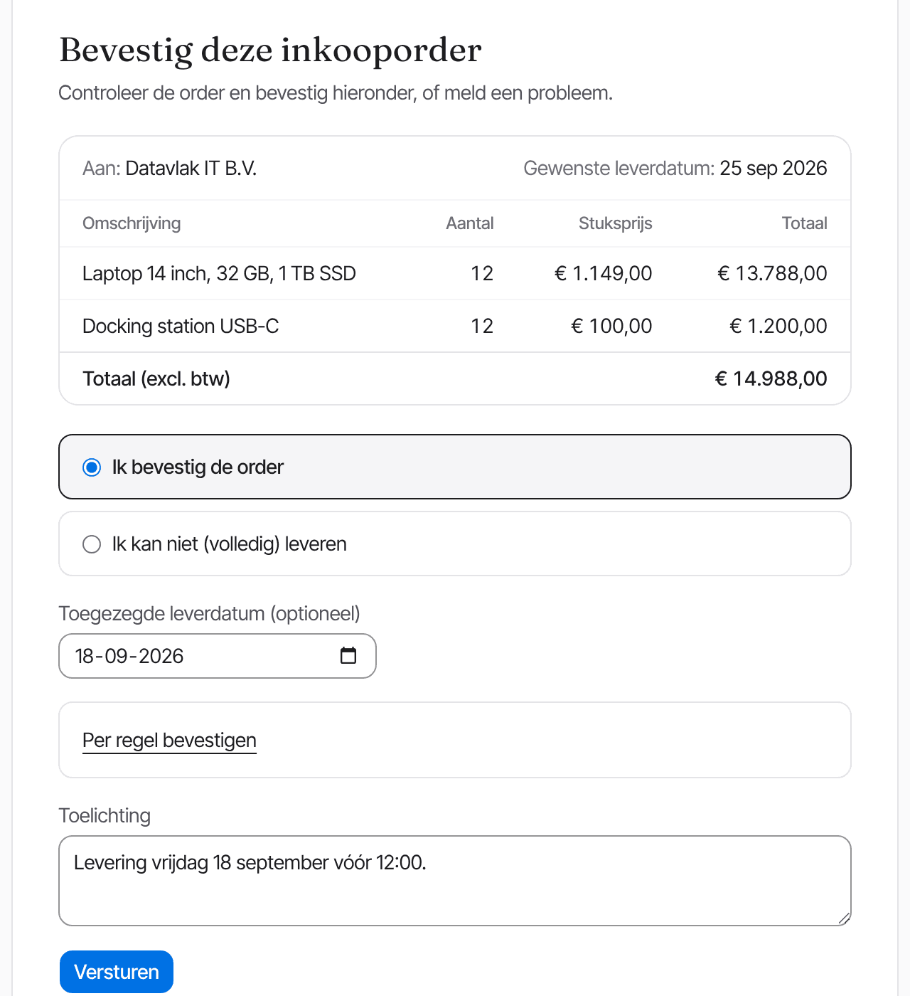 Het scherm waarop de leverancier de inkooporder bevestigt, met de regels en de leverdatum.