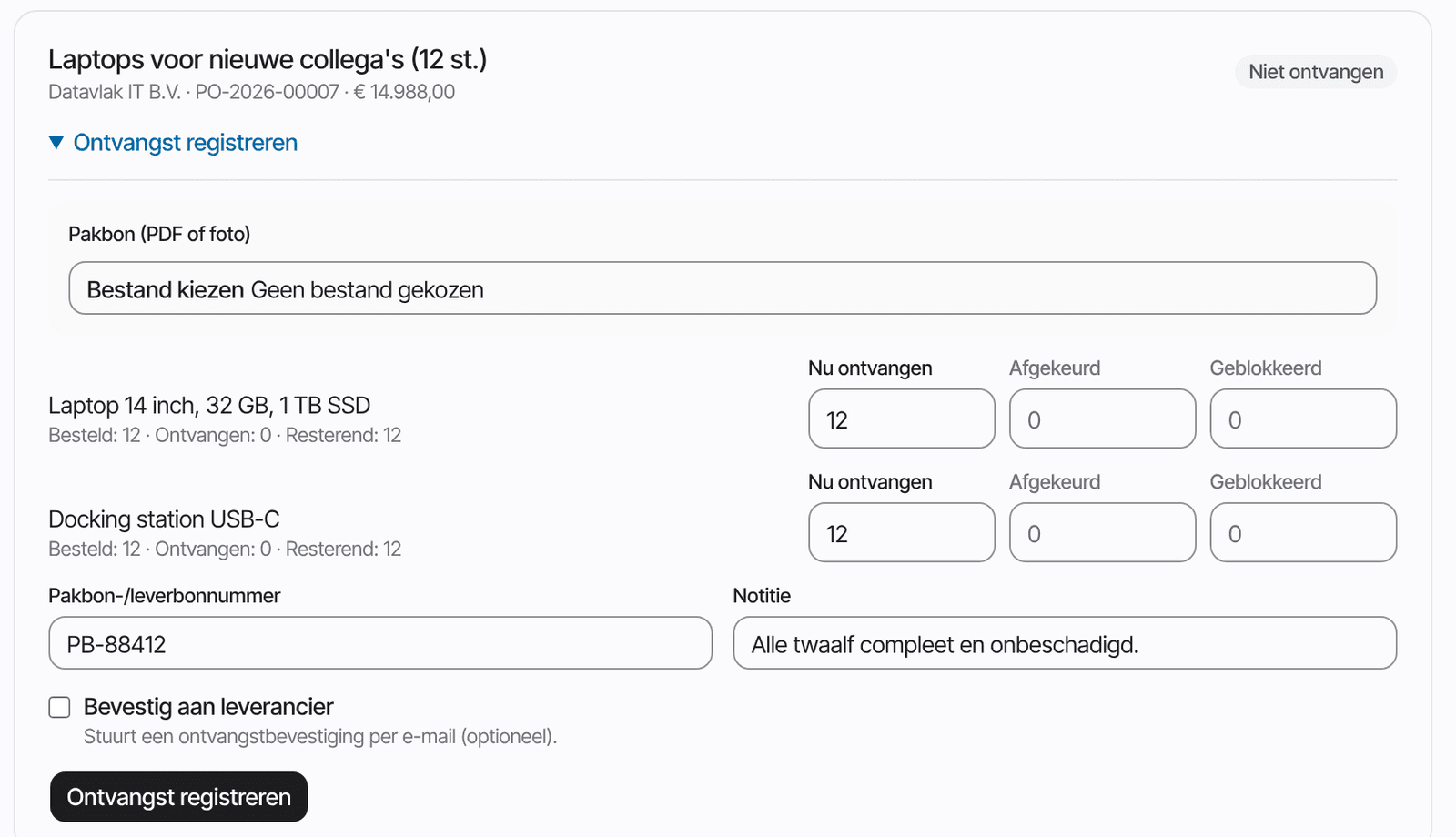 Het ontvangstscherm met per regel het ontvangen aantal en het pakbonnummer.
